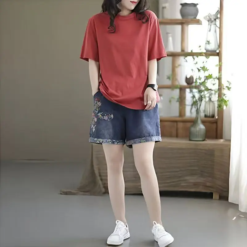 신축성 있는 허리가 있는 여름 루즈한 한국 스타일에 다재다능한 레트로 얇은 데님 반바지