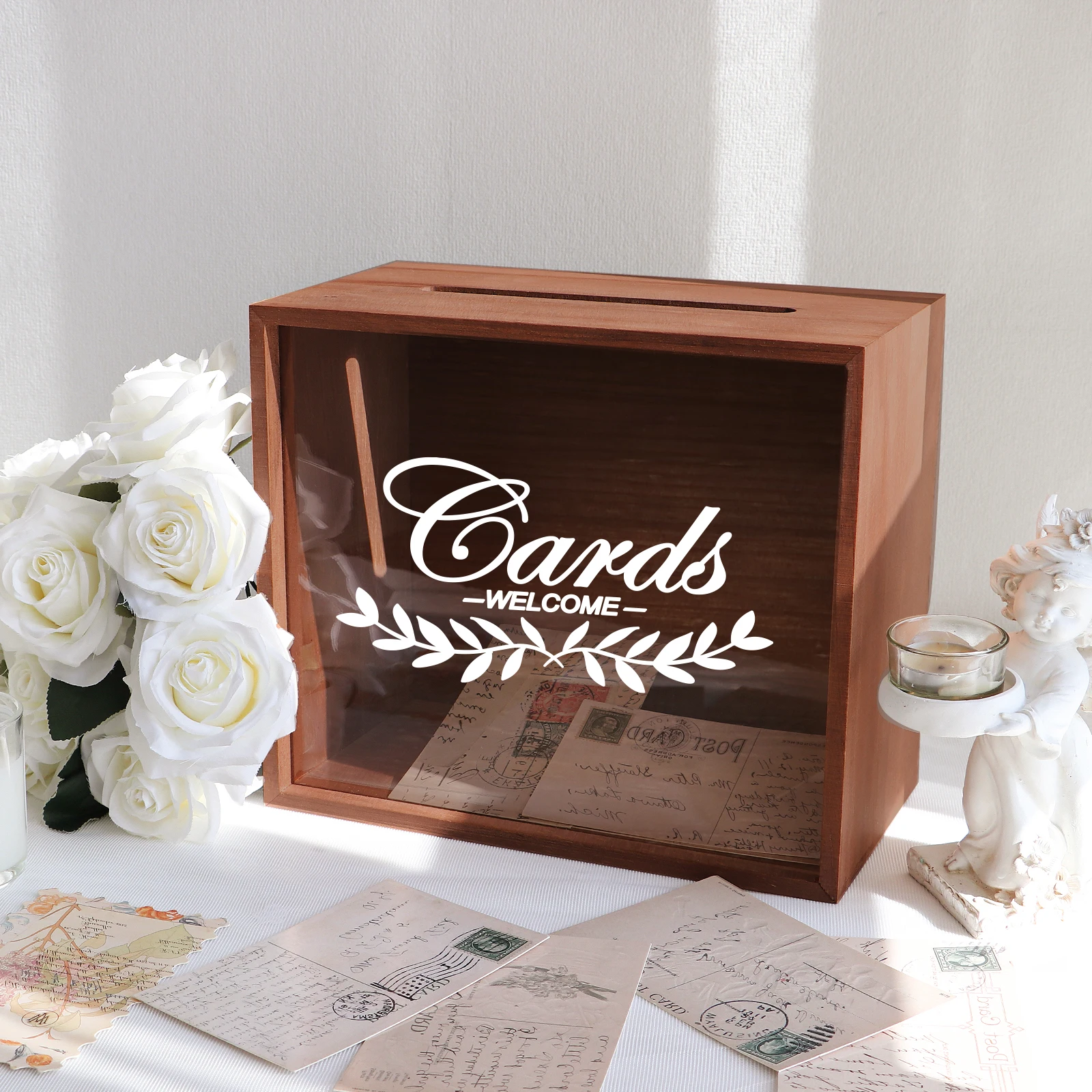 Wedding Card Box One Piece Wedding Brown with Acrylic Clear Window and Stickers for Wedding Party Anniversary Baby Shower Decor