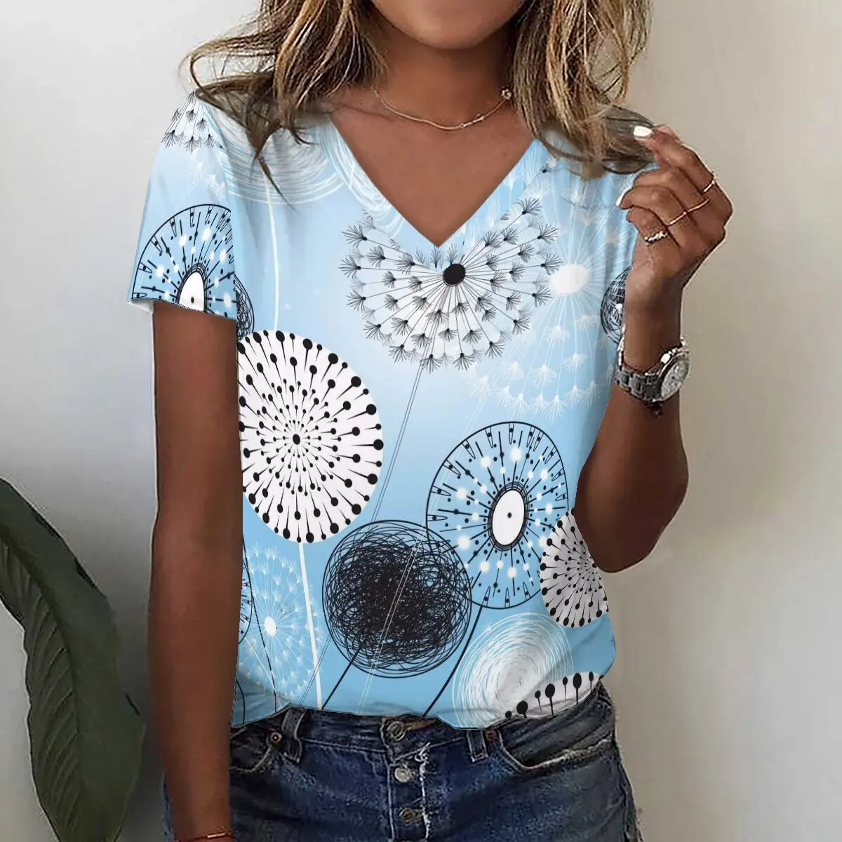 レディース3DタンポポプリントVネックTシャツ,特大トップス,原宿婦人服,カジュアルストリートウェア,サマーファッション,y2k