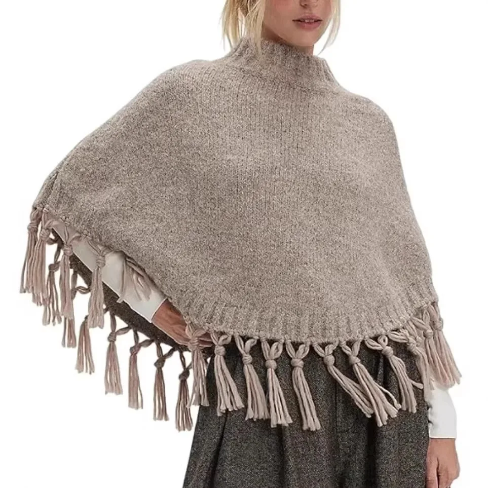 Y2KWomen's solid color sweater for autumn and winter, half high collar pullover, bat sleeve, tassel cape, shawl, knittedsweater