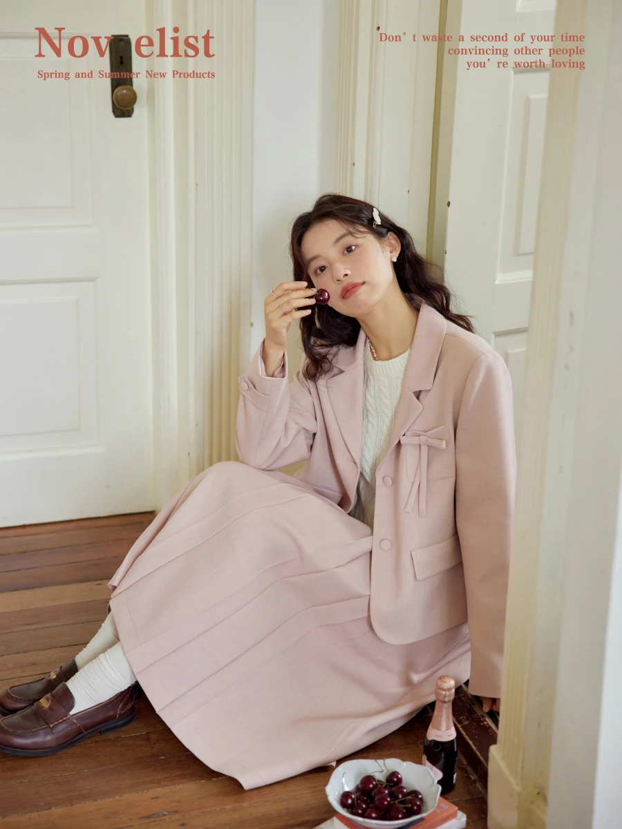 

Nov Et Retro Knot Decorated Suit Jaet Pleated Skirt Set Commute Two-Piece Set Ele Casual Workwear