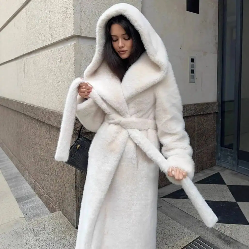 

Women Faux Fur Long Coats Hooded Overcoats Lace Up Full Sleeves Open Stitch Thick Loose Jackets Elegant 2026 Autumn Winter