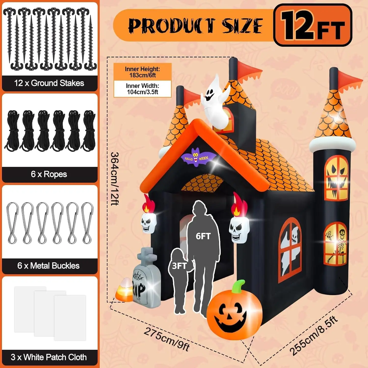 12FT Halloween Inflatable Archway with LED Light, Large Haunted House Inflatable Ghost Pumpkin Blow up Tunnel Halloween Outdoor