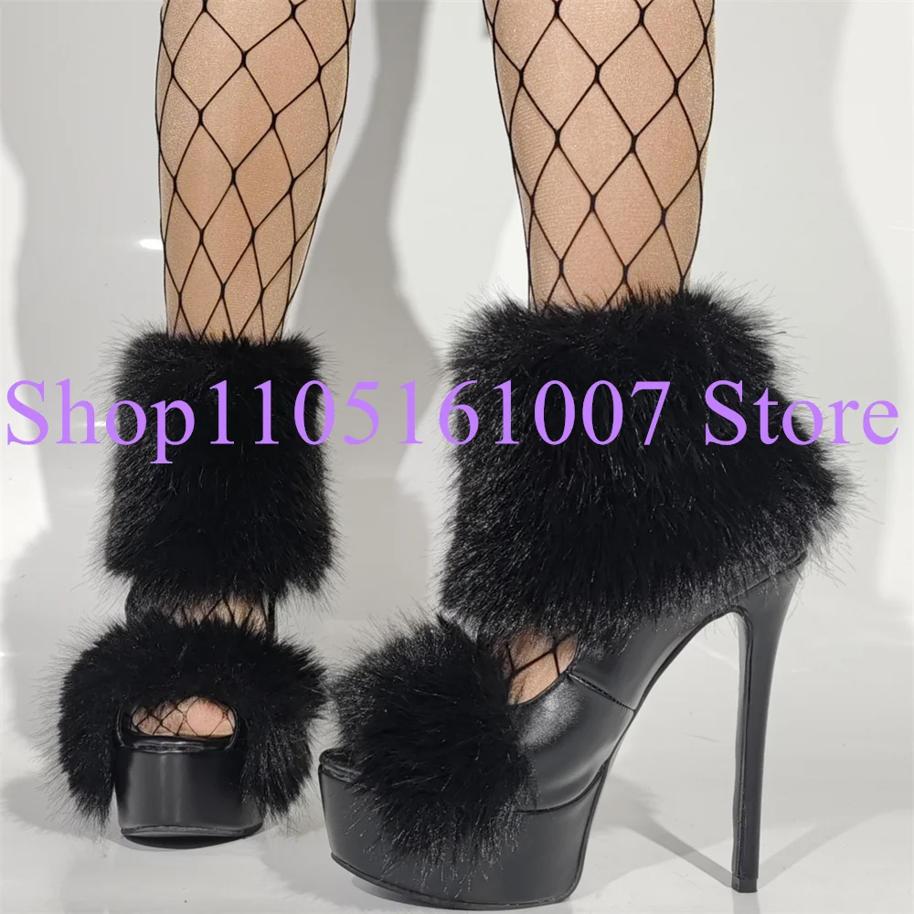 

Sexy Fur Decor Lady Sandals Fashion Stiletto Heel Platform Shoes Woman Pumps Female Large Size Banquet Party High Heels