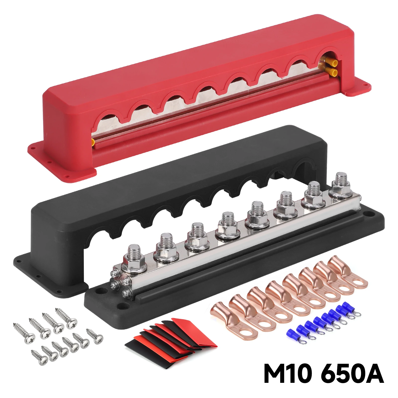 600AHeavy-Duty Bus Bar Nickel Plated Copper Distribution Terminal Bloc 8 Post Power Distribution Block M10 with Cover Heavy Duty