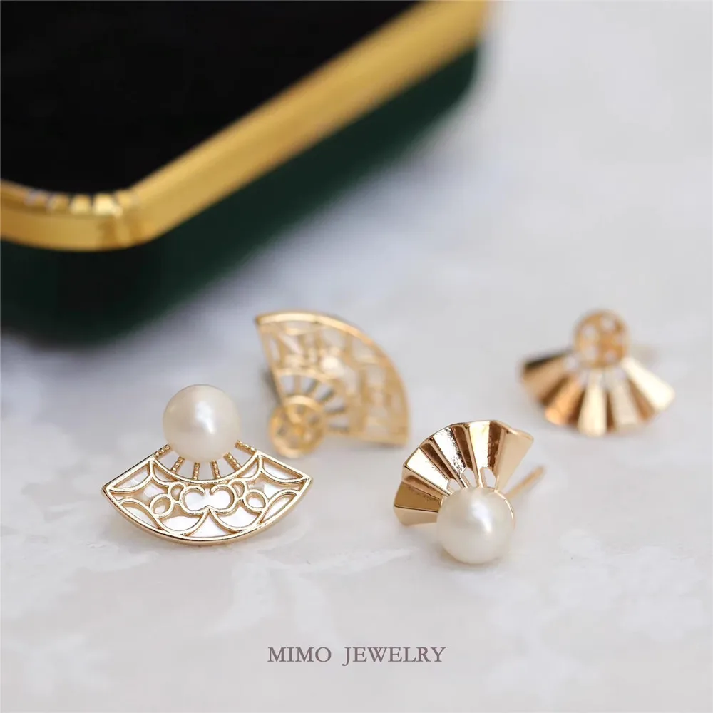 Copper Gold-plated Antique Butterfly Shell Hollow Fan Folded Fan 925 Silver Needle Stud Earrings DIY Charm Accessories