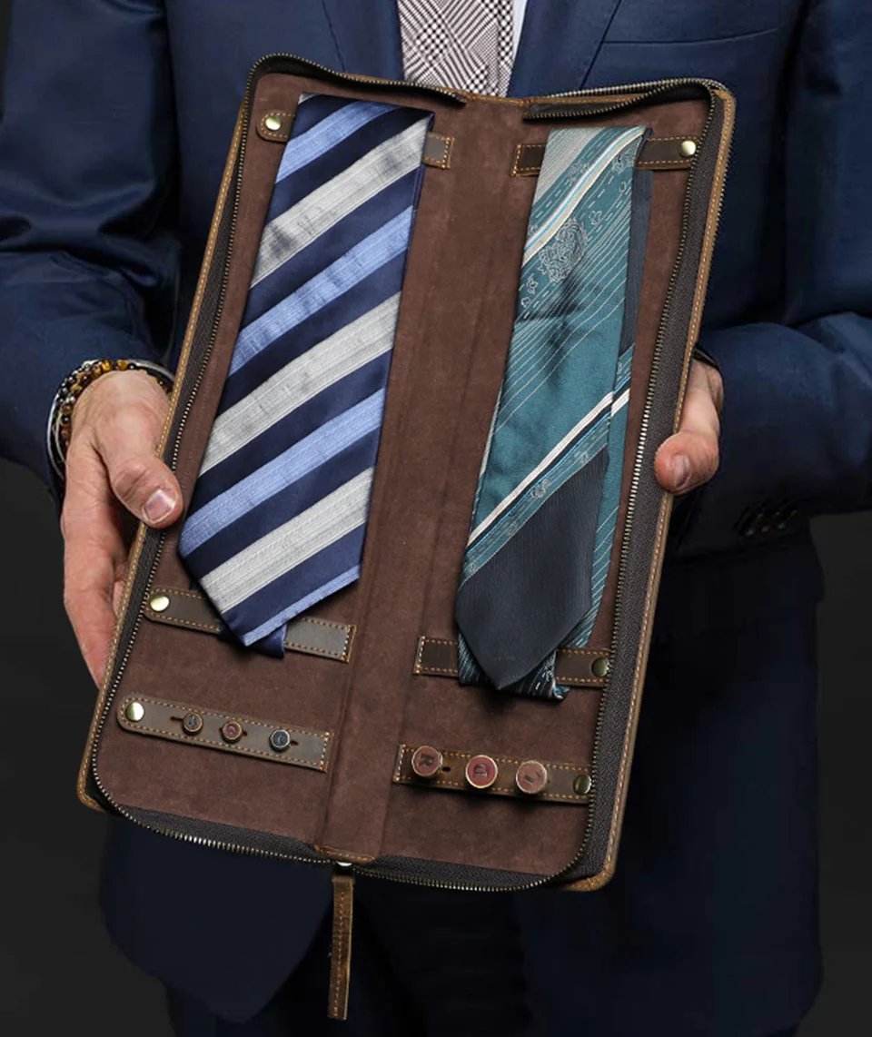 CONTACT'S FAMILIE Retro Leder Krawatte Organizer Box für Männer Krawatte Manschette Links Halter Reise Fall Lagerung Display Mäppchen Handgemachte – Detail 3