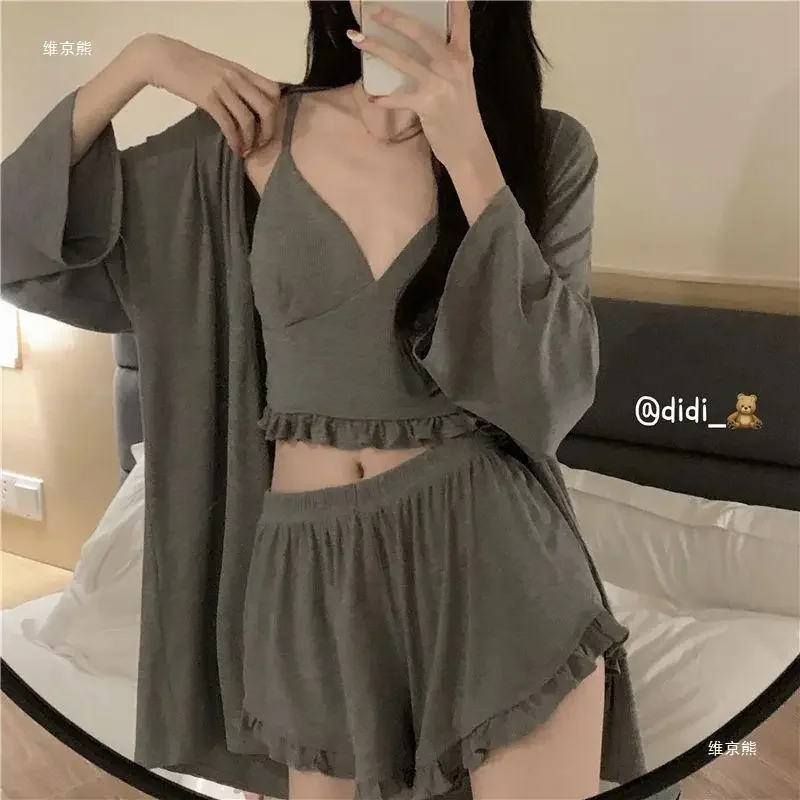 Conjunto de Pijama de manga larga para mujer, ropa de dormir de 3 piezas con pantalones cortos con volantes, estilo coreano sólido, Verano