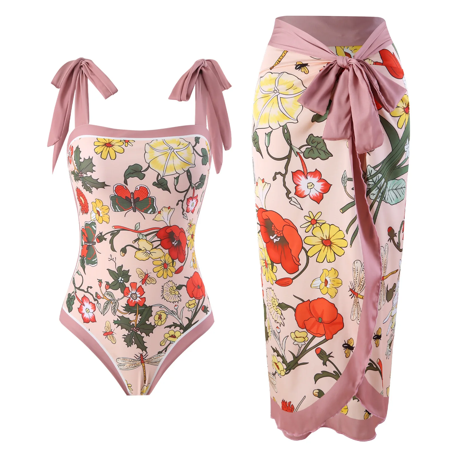 Luxury Elegant Flora Print Bikini Sets Swimsuit & Skirt Asymmetrical One Piece Swimwear Female Cover Up Brazilian Bathing Suit