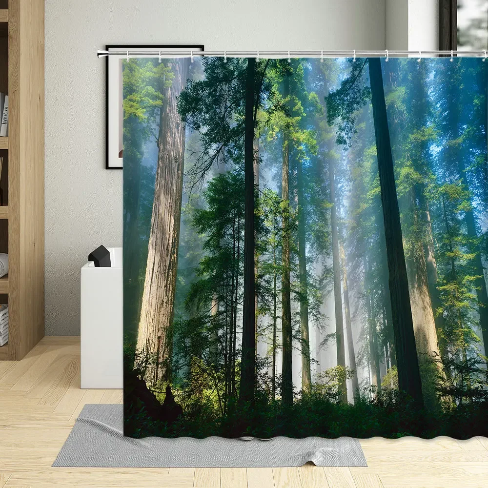 Spring Green Nature Forest Shower Curtain Sunlight Lrradiate Grove Bathroom Curtains Accessaries Waterproof Polyester With Hooks