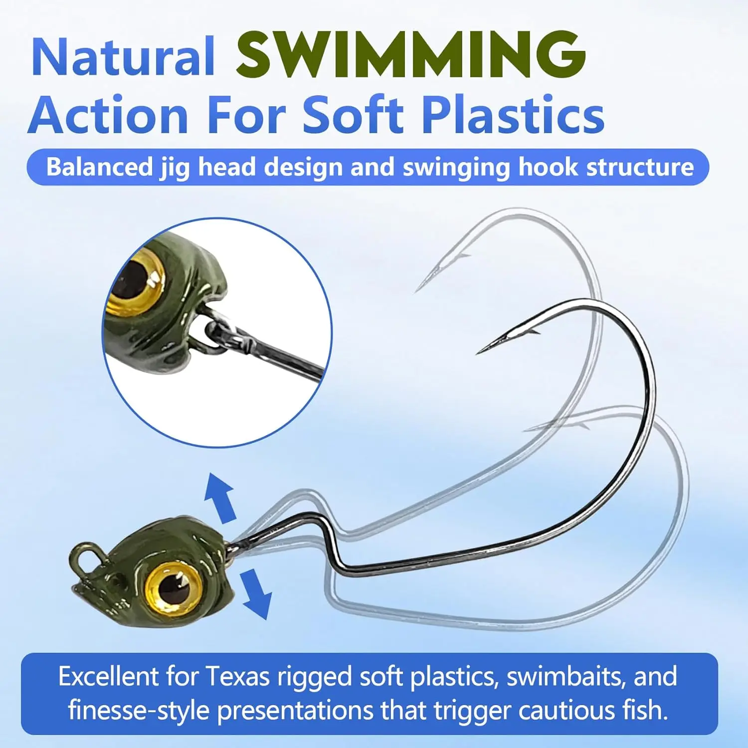 15 Stück Bemalte Fischauge-Swimbait-Jigköpfe, im Dunkeln leuchtende Angelhaken 3,5g~14g, Schwimmende Krautfreie Jigköpfe – Detail 4