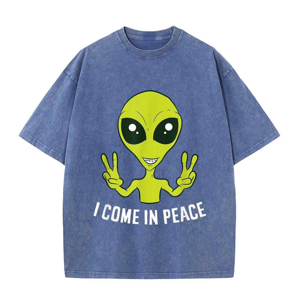 Cute Alien I Come in Peace Space Rave EDM Music T-Shirt 반팔 Ropa Short Sleeve Big Tall Summer Round Humor Shirt Men Top Cotton T