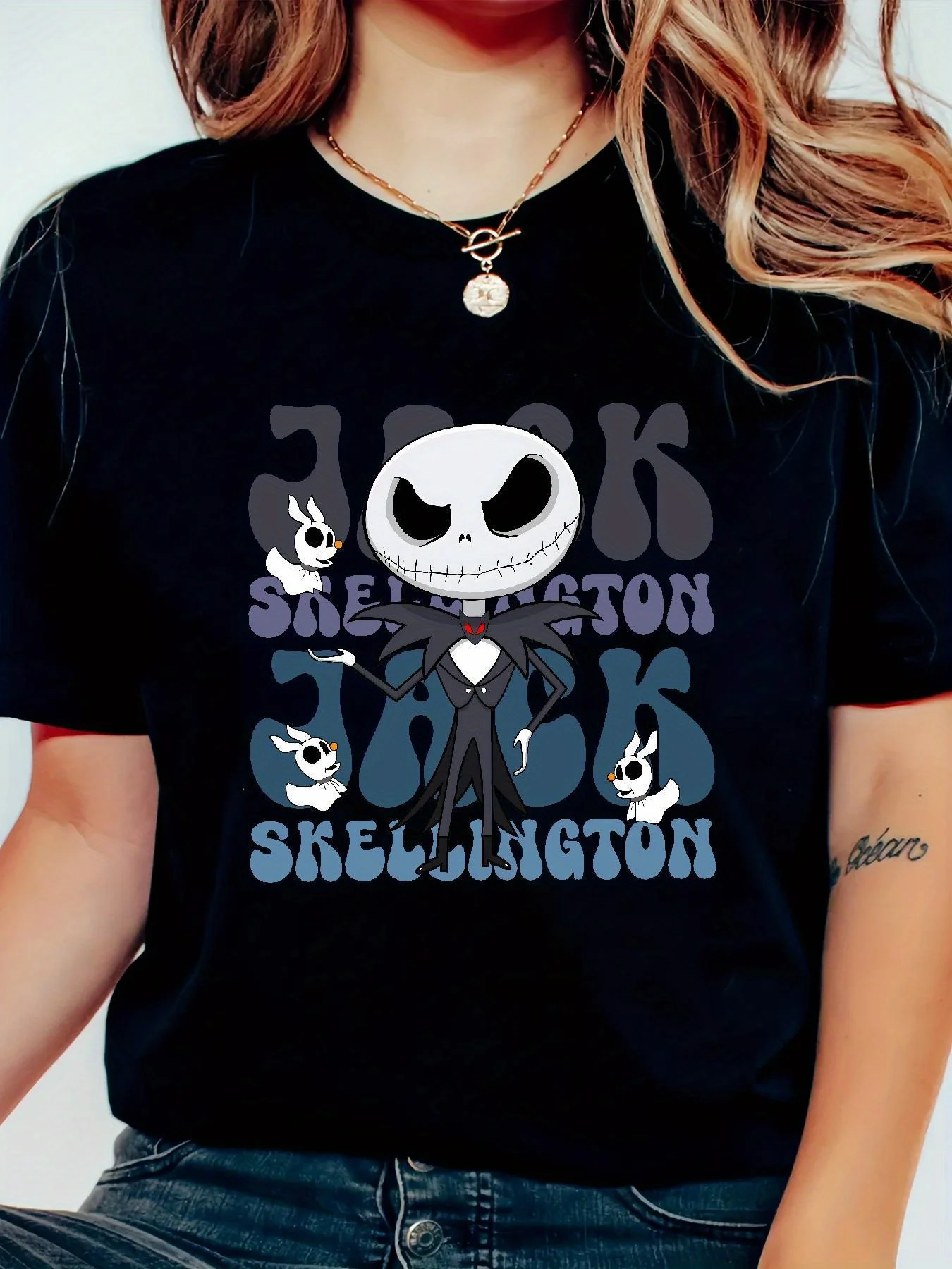 

Christmas Eve Scar Jack Skelington Pattern T-shirt - Tim Inspired Design, Jack and Sally Print, Casual Round Neck