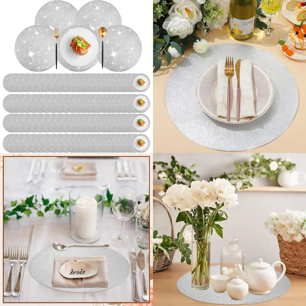 

200 Pcs Silver Glitter Paper Place Mats 15 Inch Sparkle Round Disposable Table Mats Silver Sequin Doilies Decorative Placemats