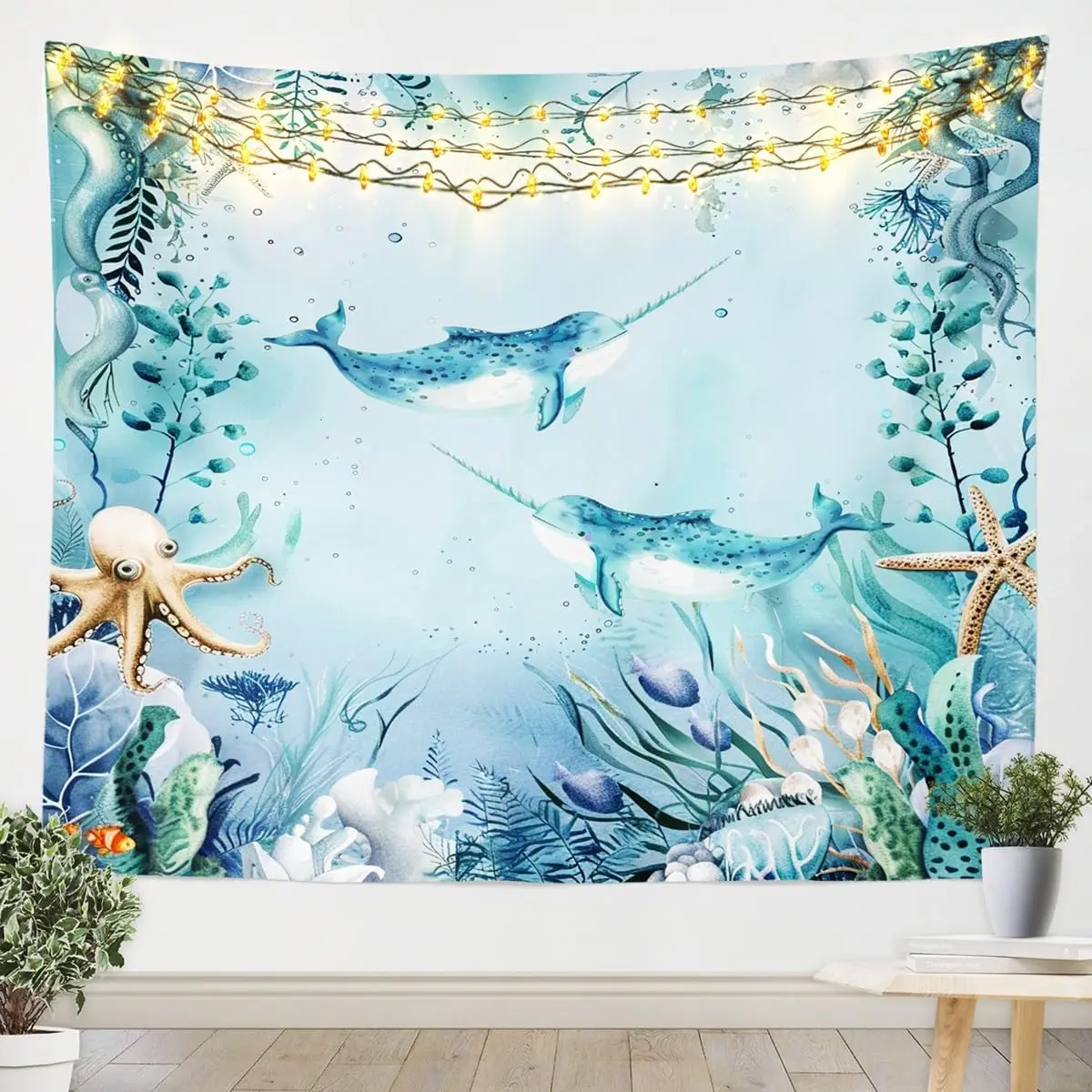 Killer Whale Orca Tapestry for Bedroom Teal Blue Ocean Beach Coastal Large 59x82 Wall Tapestry ,Starfish Octopus Tentacles