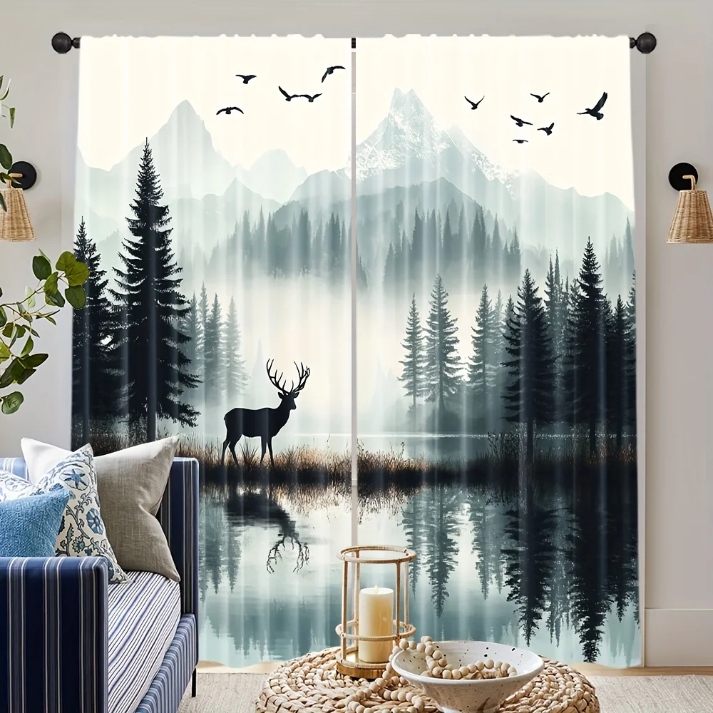2pcs Misty Mountain Deer and Forest Lake Print Curtains – Tranquil Nature Theme for Bedroom Living Room Office and Kitchen