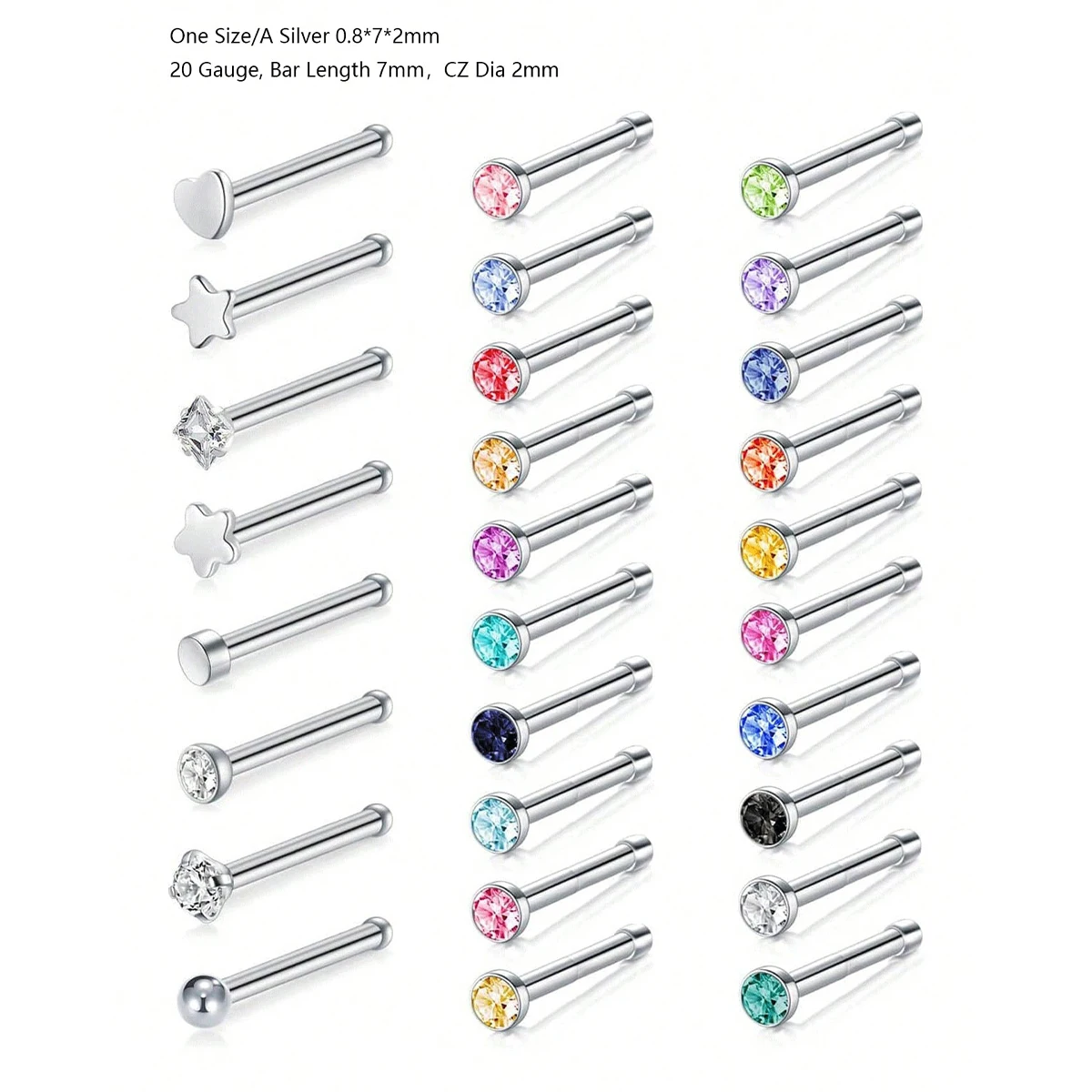 1set 28pcs Women\'s Nose Piercing Set With Stainless Steel Studs Decorated With CZ Gems & Cubic Zirconia Rhinestones