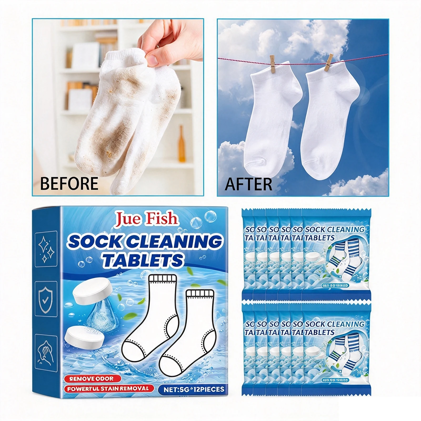 Sock Cleaning Tablets Laundry Effervescent Remove Stubborn Stains Deep Clean Remove Odor Long-Lasting Antibacterial White Sock