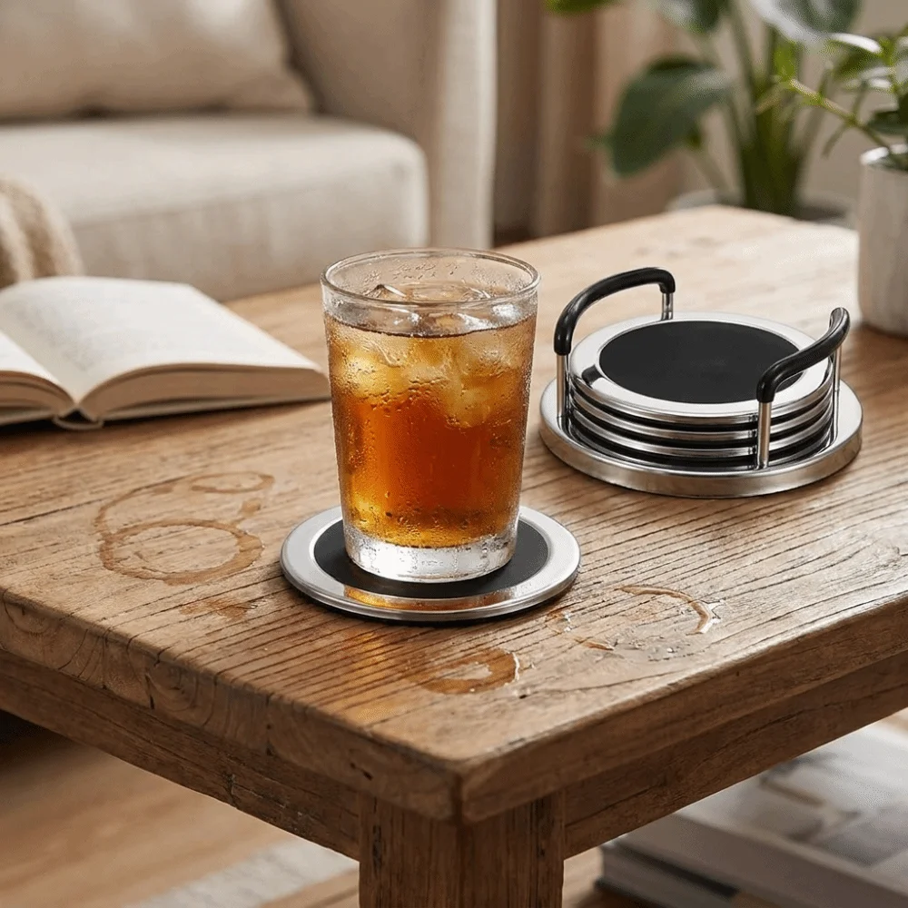6PCS/SET Round Stainless Steel Coaster Minimalist Waterproof Insulation Cup Mat Thickened with Storage Rack Non-Slip Coaster