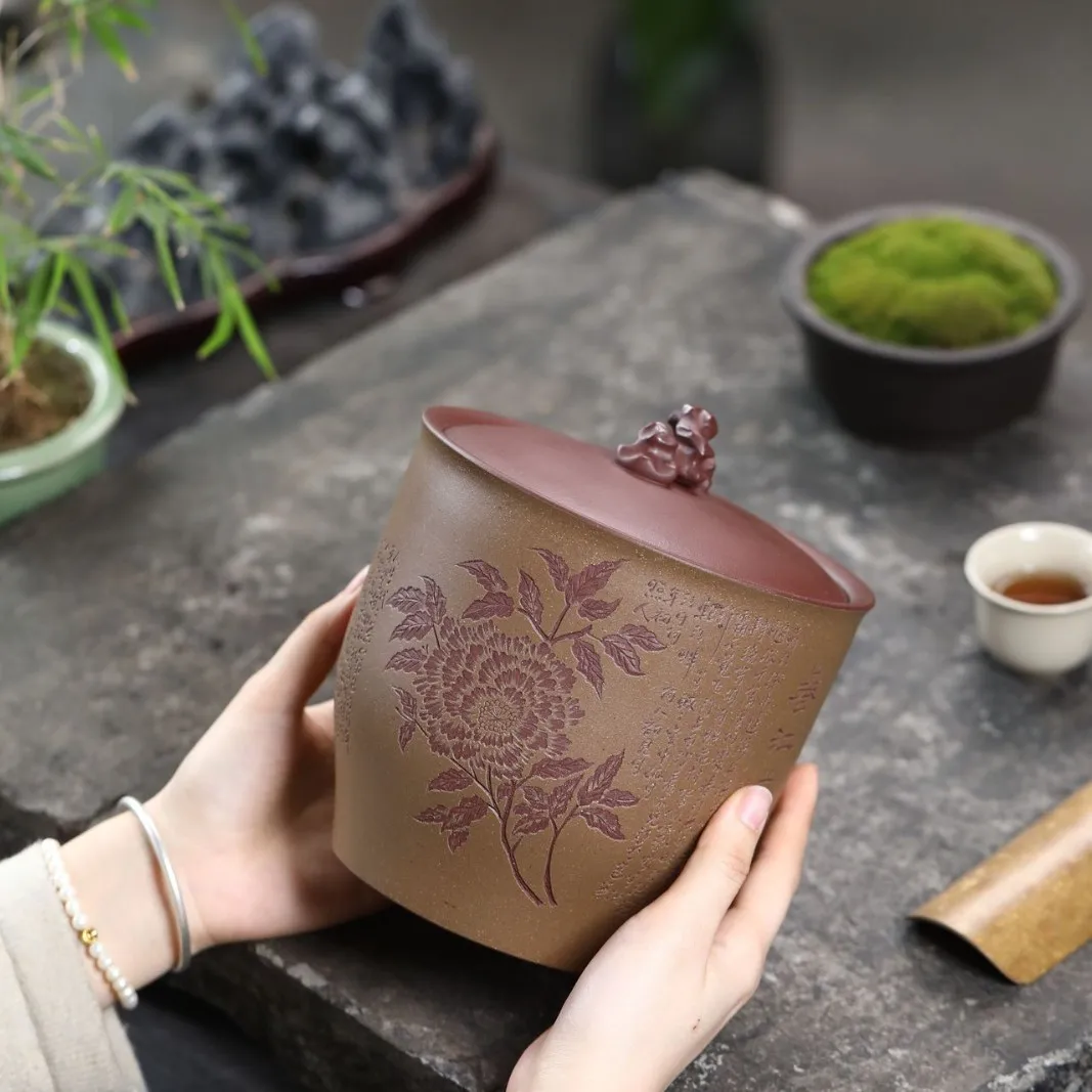 [Spring River Flower Moonlight Night] Clay Tea Canister, Hand-Carved From Original Ore Purple Clay, Household Sealed Storage