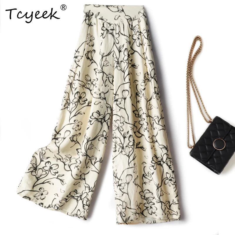 

Tcyeek 100% Real Mulberry Silk Summer Thin Wide Pants High Waisted Ink Wash Chinese Style Printing Long Women' S Pants 여름바지 여성