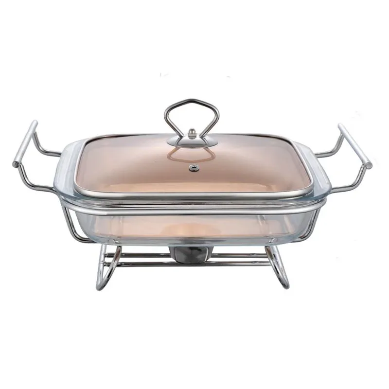 Square Glass Stainless Steel Lid Gold/Silver Color 2L Food Warmer Container Manual Temperature Control Alcohol Heating Chafing