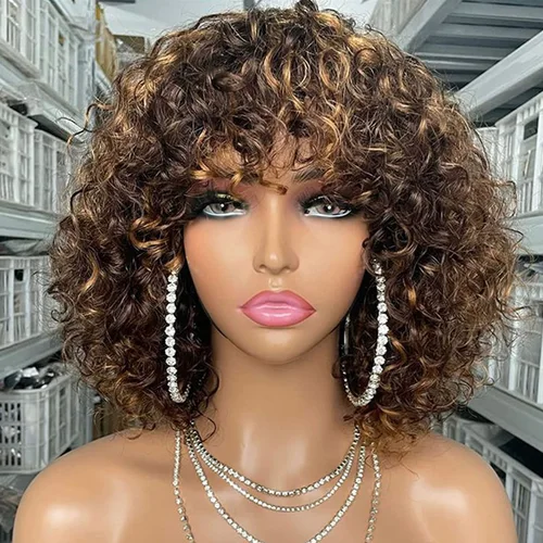 Imagen 2 del producto Pelucas de cabello humano de corte Bob corto Pixie con flequillo Jerry rizado peluca completa a máquina resaltar pelucas de color rubio miel para mujeres