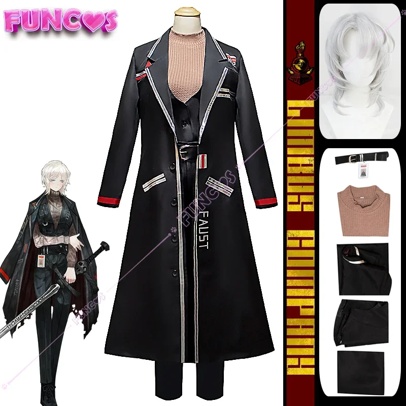 Game Limbus Company Faust Cosplay Costume Wig Black Uniform Top Pants Sinner #2 Trench White Hair No. 02 Work Card for Women Man