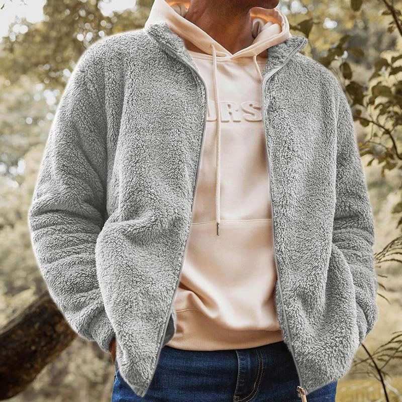 

2024 Furry Solid Soft Warm Coats Men's Fashion Stand Collar Long Sleeve Jacket Streewtear Winter Zipper Woolen Outwear For Male