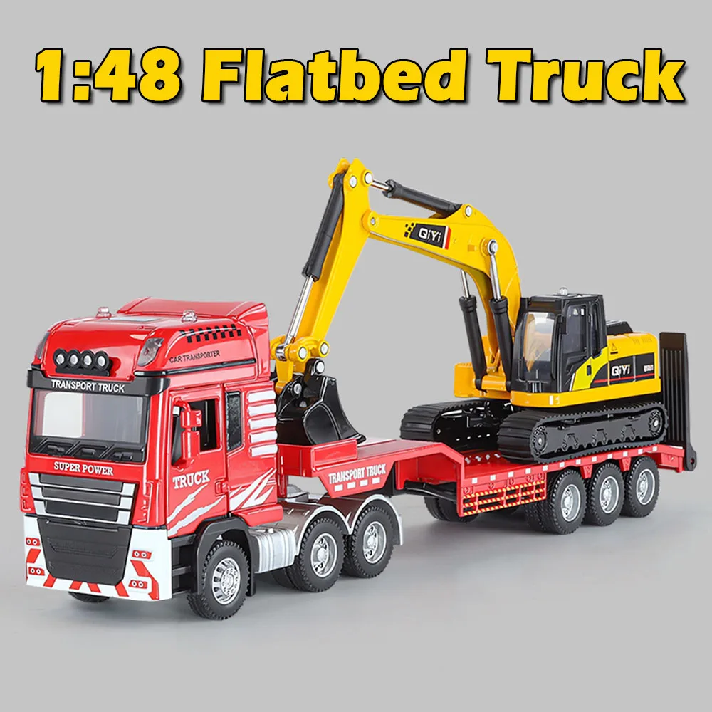 

1:48 Flatbed Truck Mounted Excavator Alloy Model Toys Diecast Car Door Opened Sound Light Miniature Vehice Children Fun Toy Gift