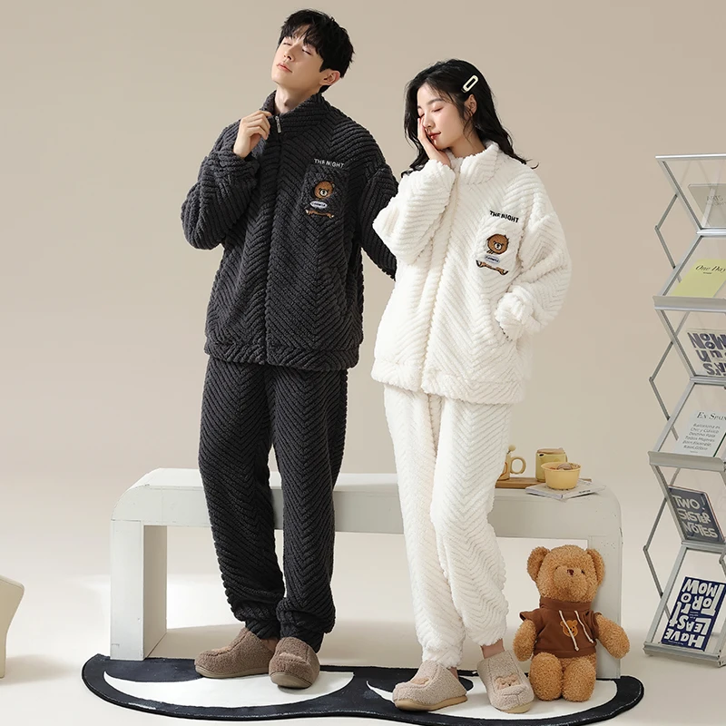 Winter Couple Cute Cartoon Pajama Set Women and Men Zipper Sleepwear Thick Warm Flannel Pyjamas