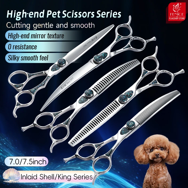 

Fenice King Series VG10 Steel Shell Bearing Screws 7/7.5Inch Dog Grooming Straight/Curved Thinner Chunker Scissors Pet Scissors