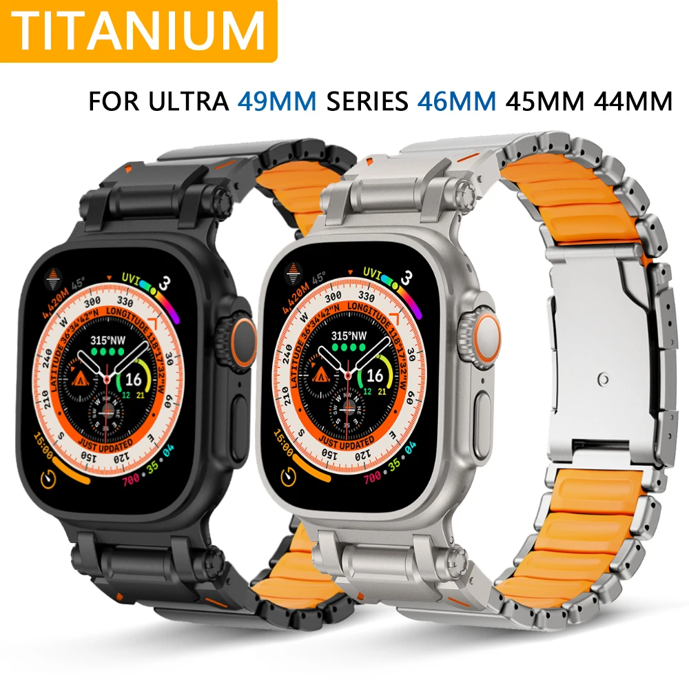 

Титановый ремешок для Apple Watch Ultra 3 2 49 мм 46 мм 45 мм 44 мм Резиновый металлический ремешок для часов Iwatch Series 11 10 9 7 8 5 6 SE3
