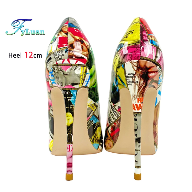European and American Style Pointed Single Shoes Women 8-12CM Fashion Graffiti High Heels Pumps Trend Lady Shoes Plus Size 45 46