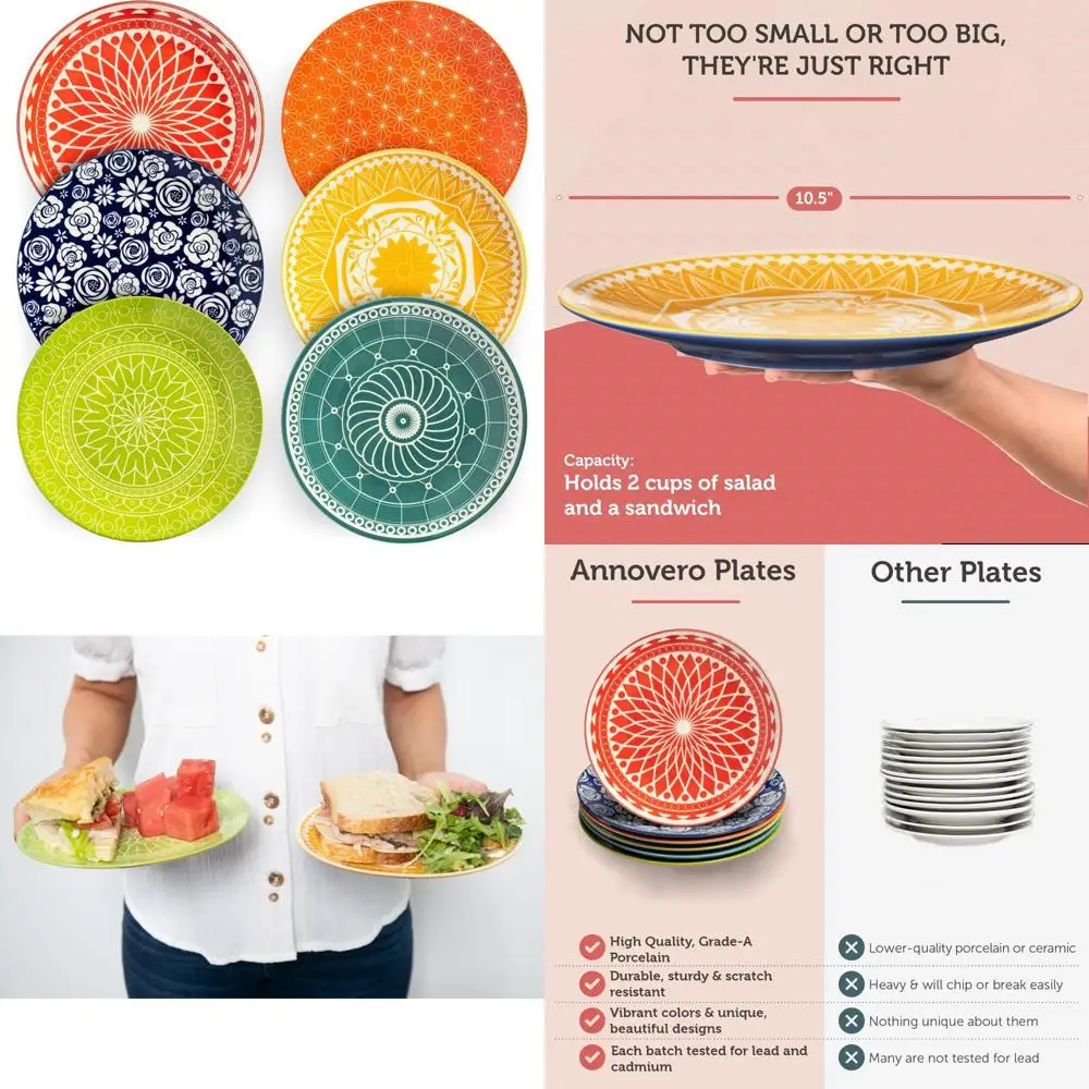 

dinner plates - mismatched colorful dinnerware set of 6 - fun decorative cute boho kitchen dishes - zero lead & cadmium - 10.5