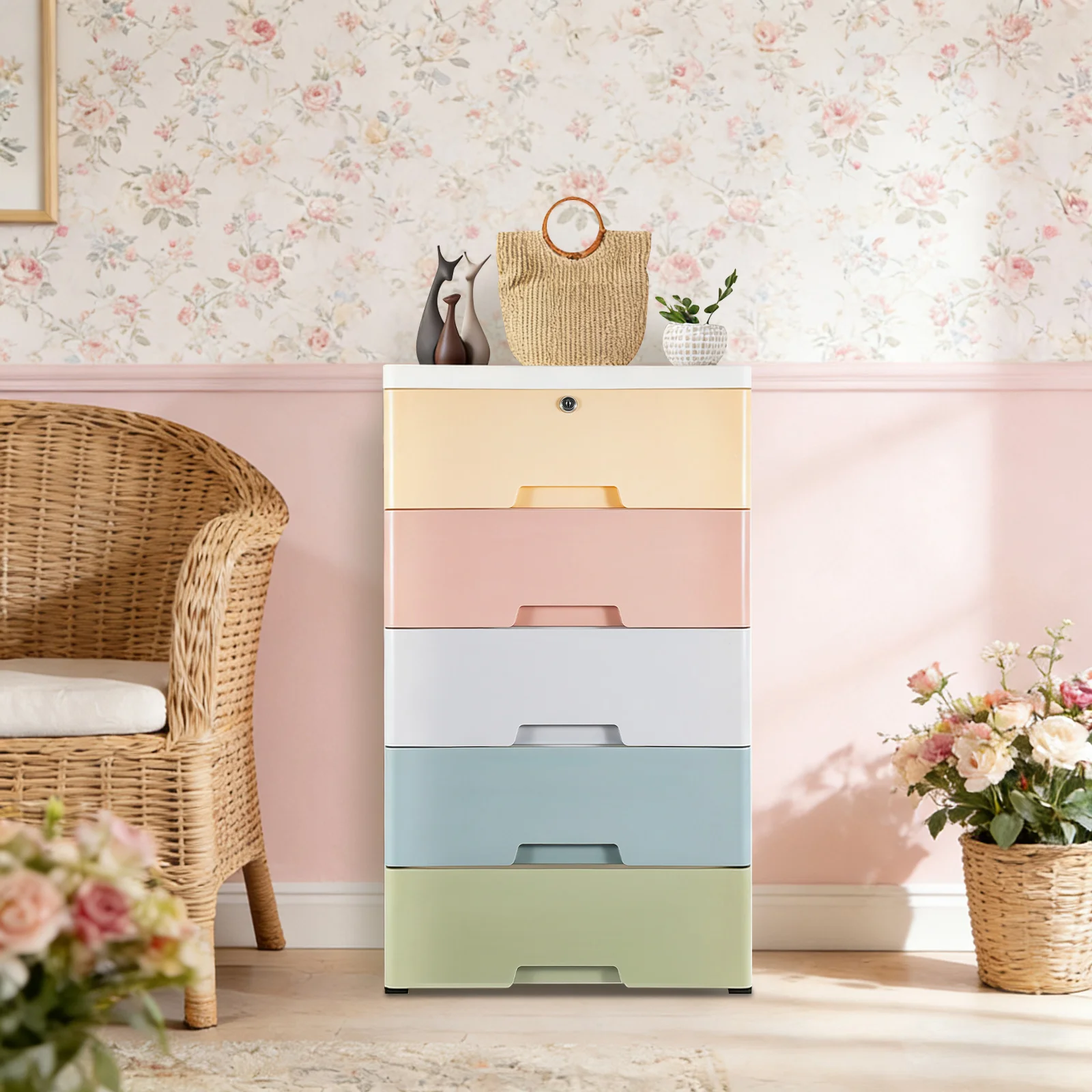 

Шкаф для хранения с 5 ящиками и замком, пластиковый органайзер для комода, большая вместимость для домашнего хранения, размер 43,5x29x80 см, многоцелевой