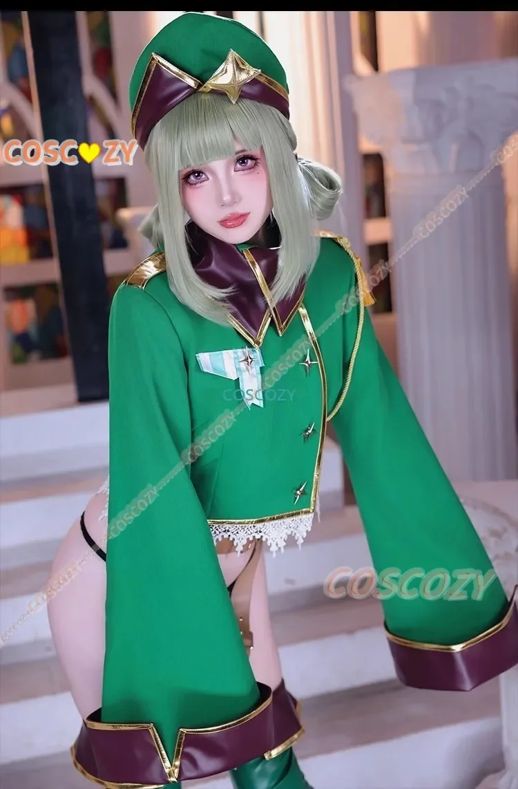 Sprudelt über magische gir araga kiwi cosplay kostüm perücke sexy frauen uniform hut leder lange stiefel grüne perücke araga kiwi cos