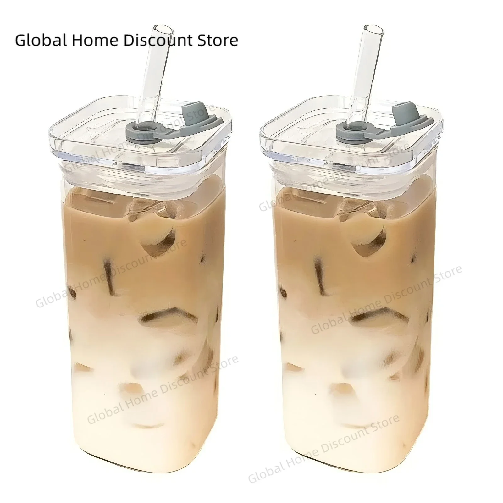 

1PCS Square Heat Resistant Coffee Glass Cup With Lid and Straw Transparent Milk Tea Juice Cups Coffee Mug For Home Bar Drinkware