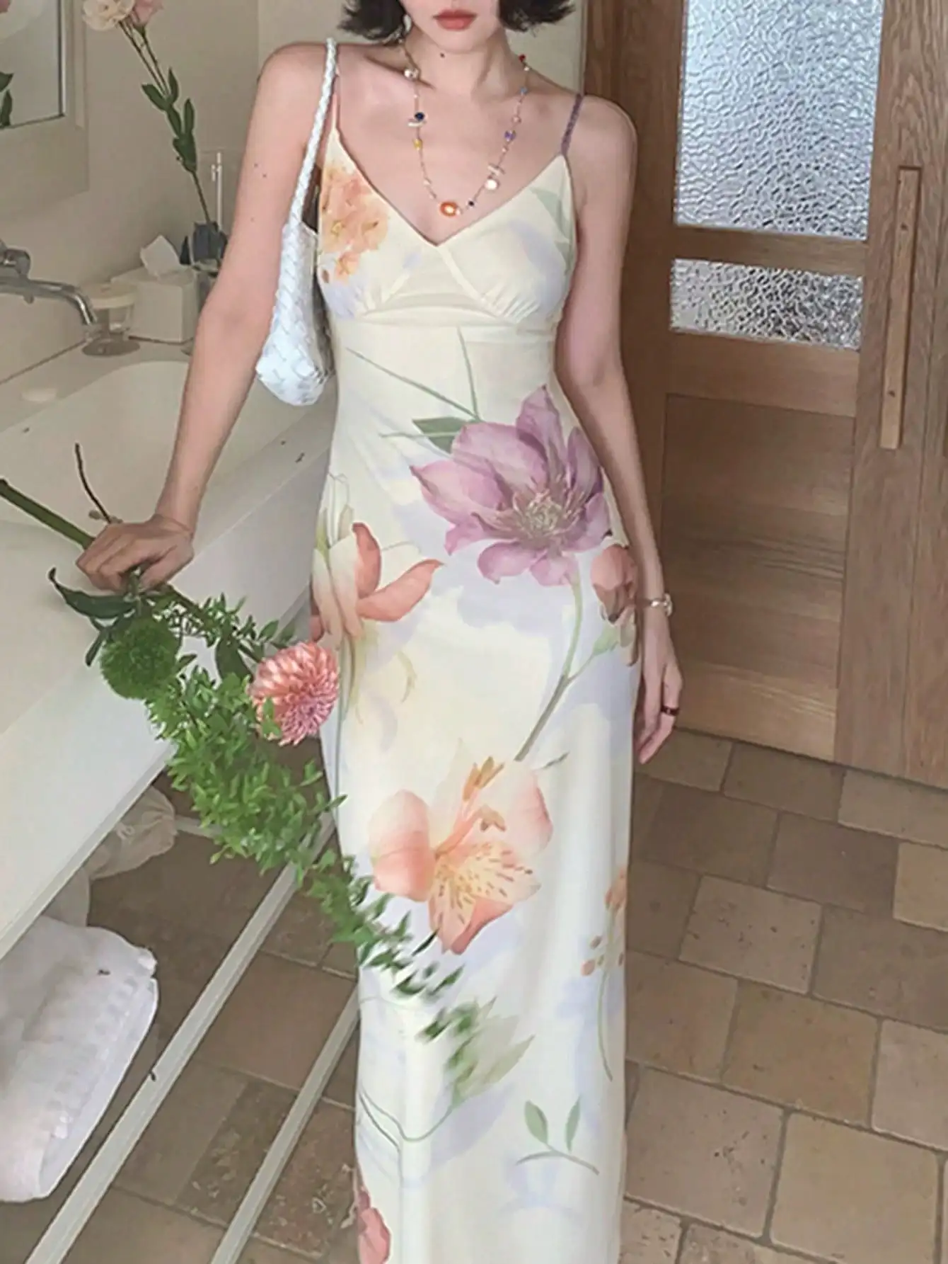

Spring Summer New Women Mesh Print Midi Dress Woman V-Neck Backless Vacation Sexy Beach Style Vestidos Prom Party Outfit Bodycon