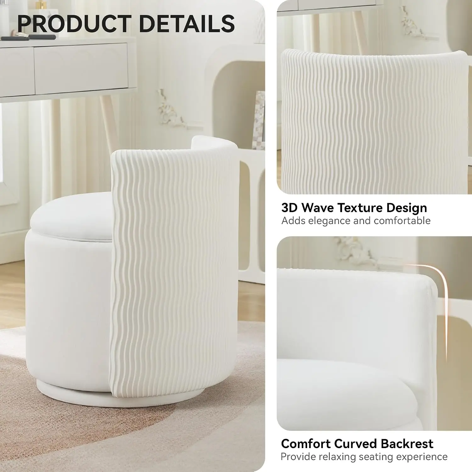 Velvet Vanity Chair with Storage, 360° Swivel Makeup Chair with Wave Back, No Assembly Small Accent Stool for Bedroom, Dressing