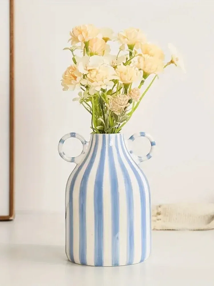 

Hand-Painted Ceramic Vase with Dual Handles - Striped, Cylinder Design for Living Room Decor, Earthenware, Decorative Ornaments