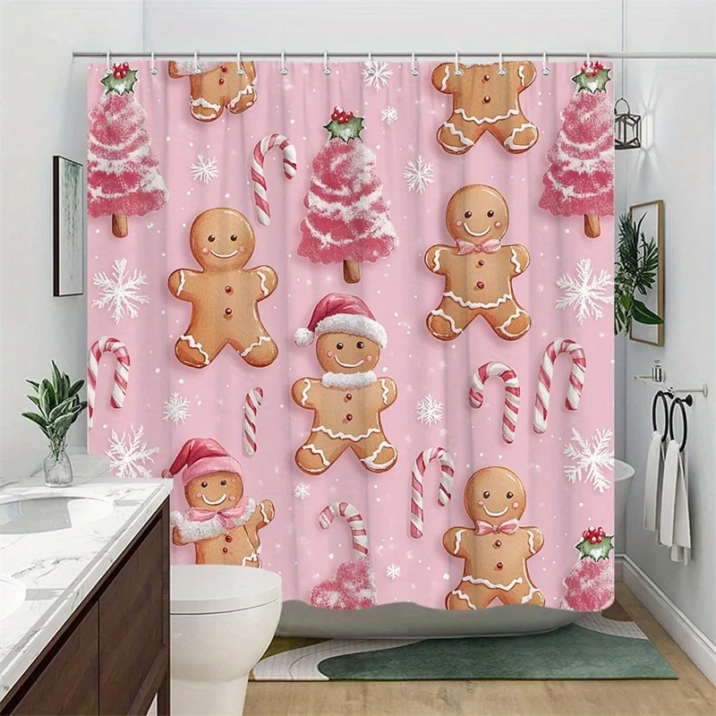 One Christmas Shower Curtain Featuring a Playful Gingerbread Man And Cheerful Candy Canes, Perfect for a Winter Wonderland Theme. Made of Polyester Fabric, It Measures 70.8X70.8 Inches And Comes with 12 Hooks for Easy Hanging