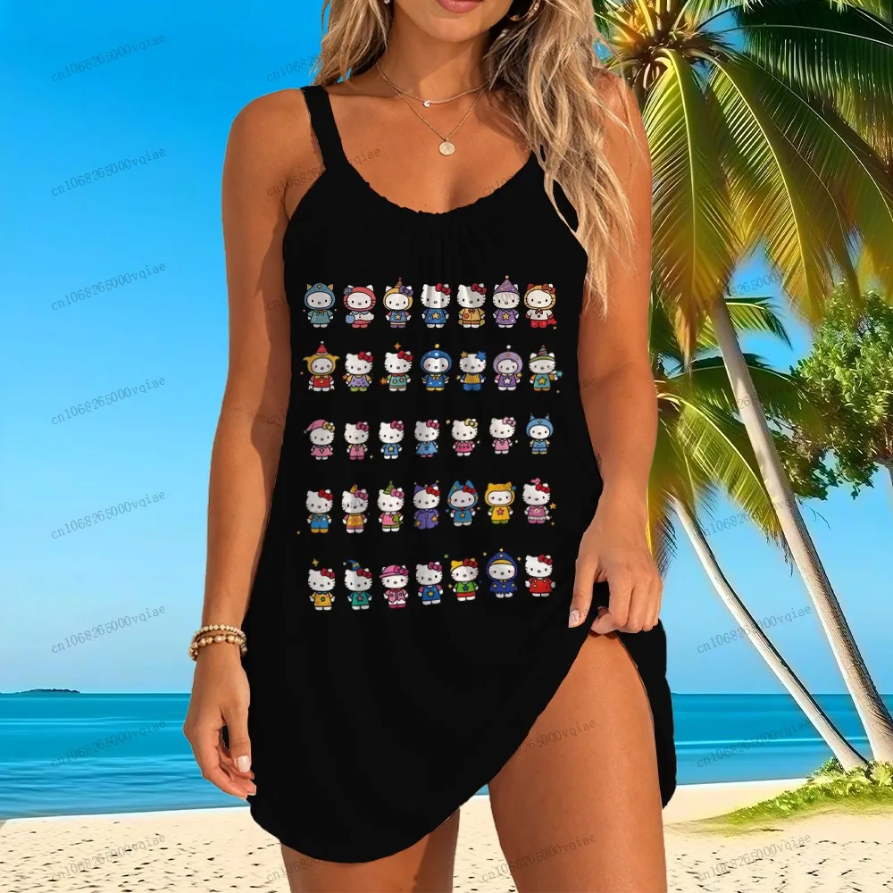 

Женское пляжное платье Sanrio Hello Kitty, новые модные платья 2026 года, средней длины, с 3D-принтом, женская одежда