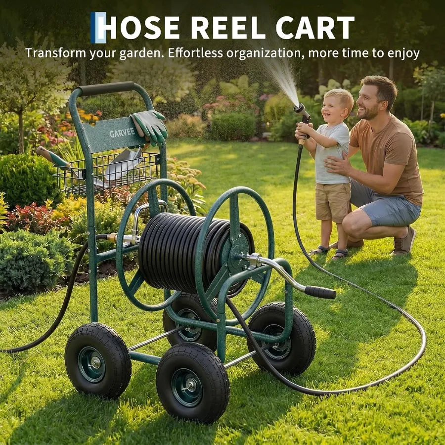 Garden Hose Reel Cart with Wheels, Heavy-Duty Steel, Black, Holds Up to 300 Feet of 5/8 Hose, Easy-Roll Mobility and Smooth Ret