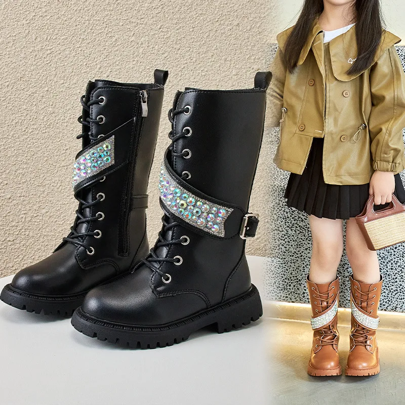 

Kids Girls High Boots 2023 Spring Autumn New Solid Color Beige Black Simple Children Fashion Princess Mid-calf Boots for Catwalk