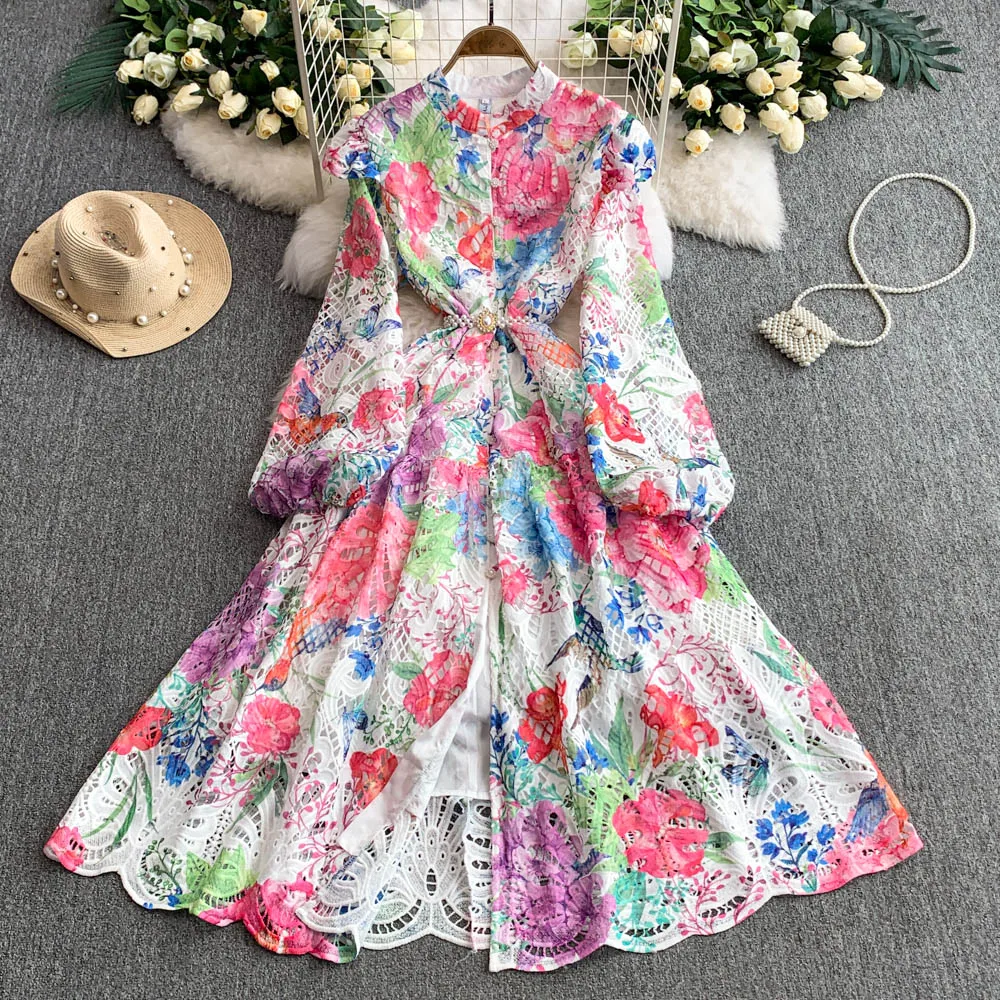 

2025 Vintage Luxurious Floral Print Summer Dress Women High Collar Full Sleeve Hollow Out Design Hollow Bubble Sleeve Long Gown