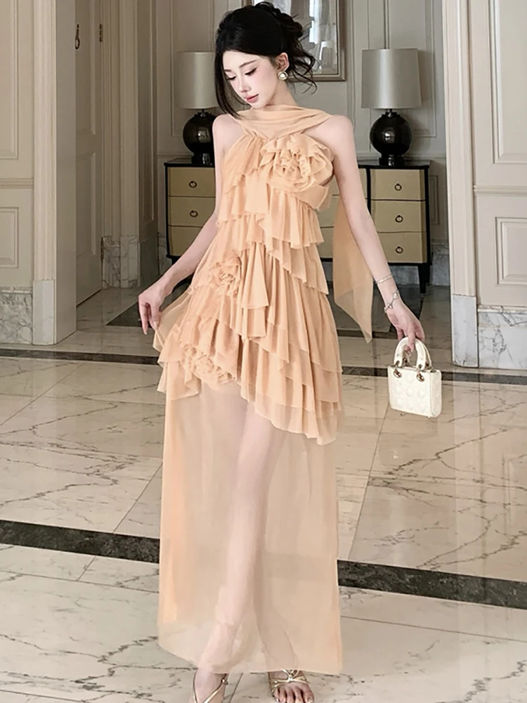 Summer Solid Ruffled Patchwork Sheer Sexy Long Dress Women Elegant Neck-mounted Dress 2026 Korean Fashion Bodycon Evening Dress