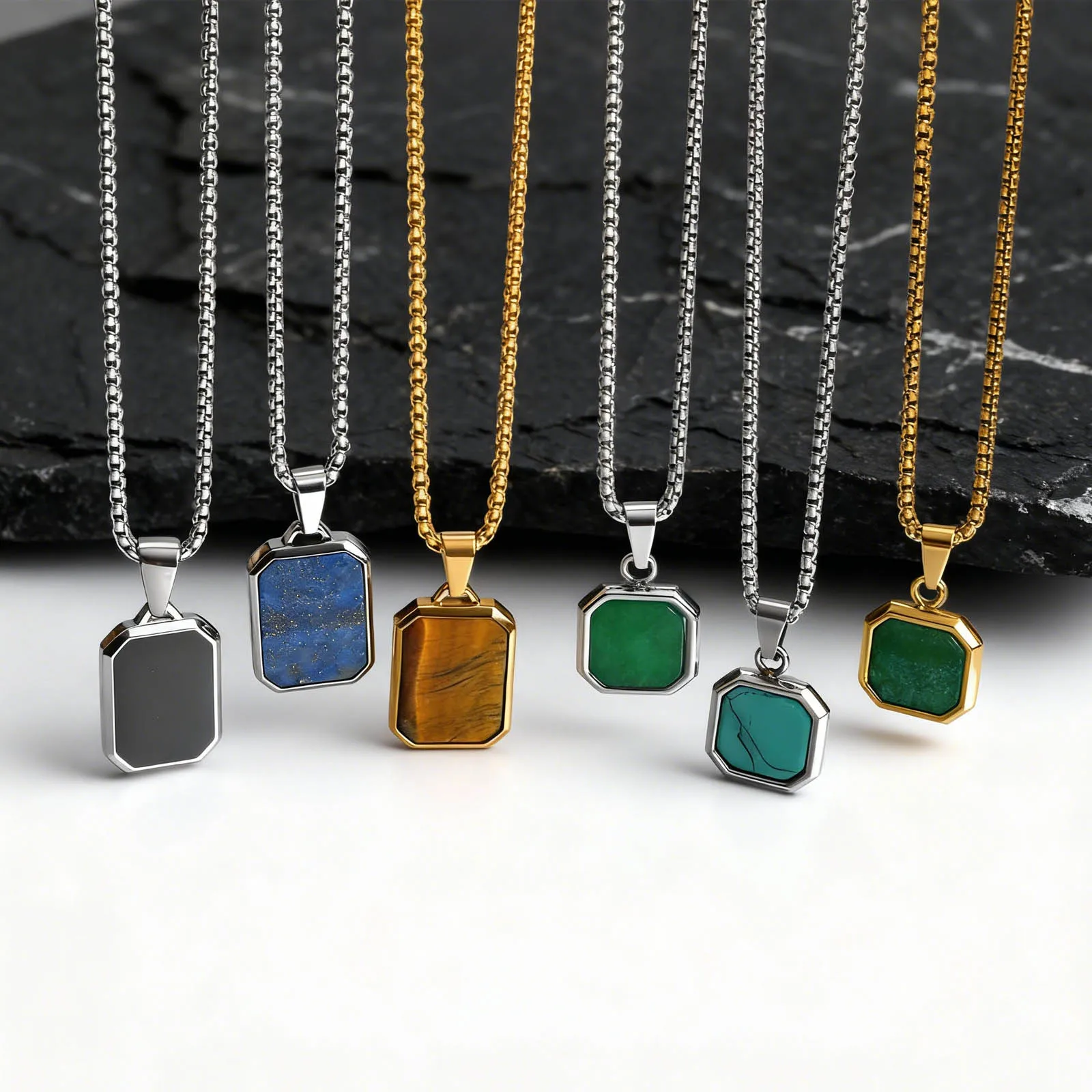 Trendy Pendant Necklaces for Men Boys,Square Natural Stone Stainless Steel Necklaces,Hip Hop Cool Healing Jewelry Gifts