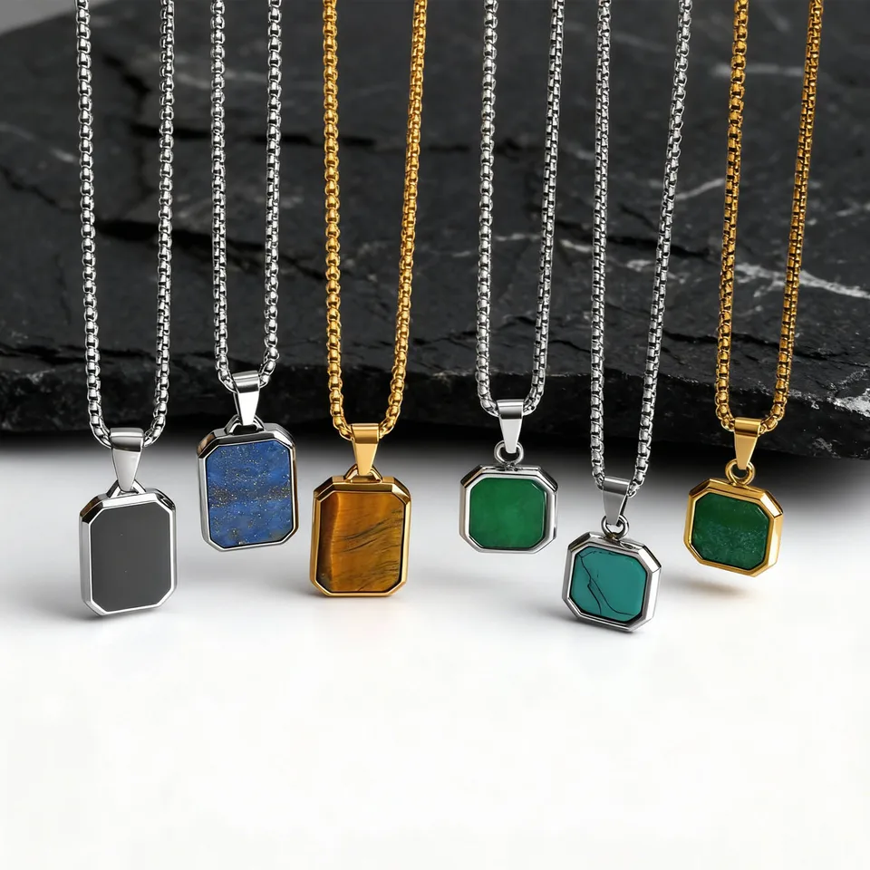 Trendy Pendant Necklaces for Men,Square Natural Stone Stainless Steel Necklaces,Hip Hop Healing Jewelry Gifts for Husband Dad