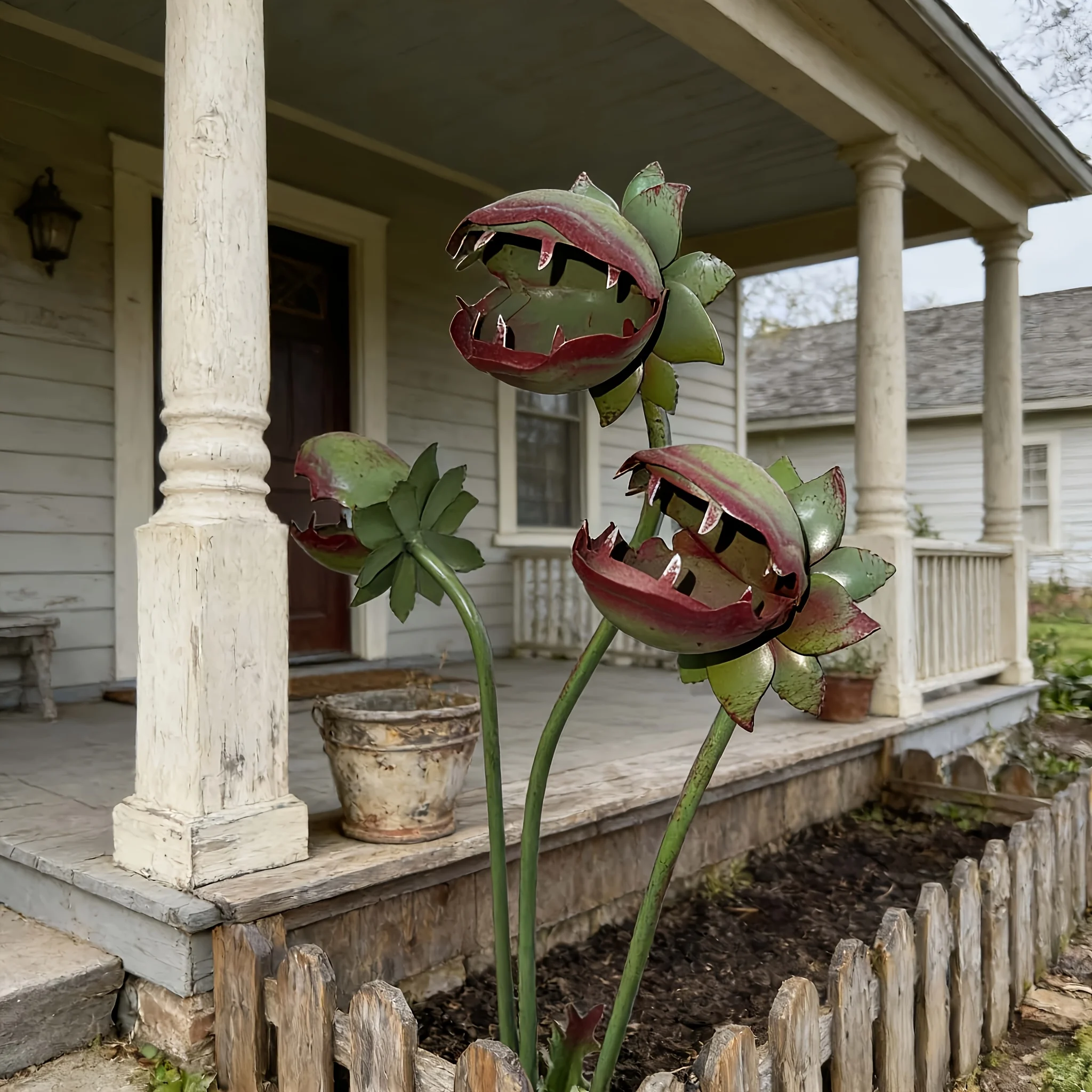 Bemalter dreiköpfiger Menschenfresser-Pflanzenstecker: Gruseliges Garten-Deko-Element mit Farbverlauf in Rot-Grün für Halloween, Ostern und Fantasy-Partys